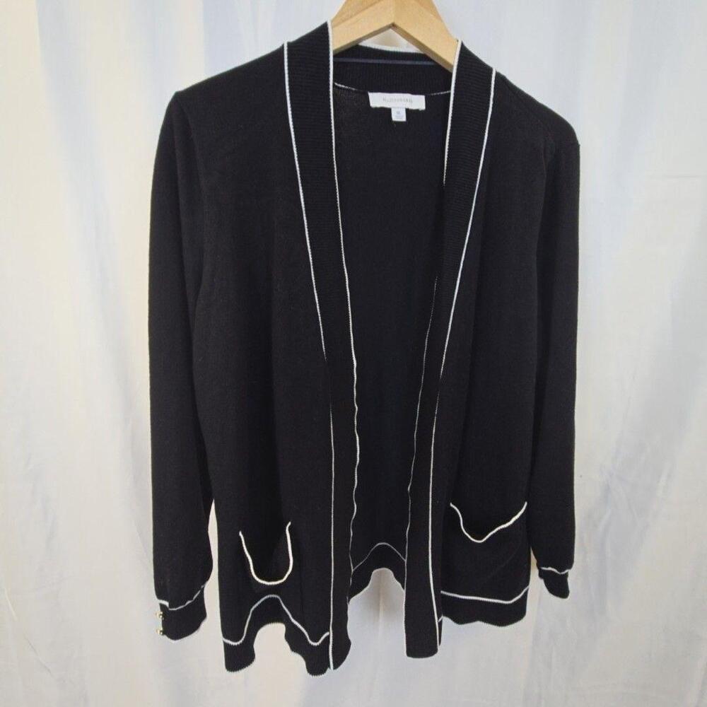 Madison Grey Sweater Cardigan Womens XL Black Open Front Contrast Trim Knit